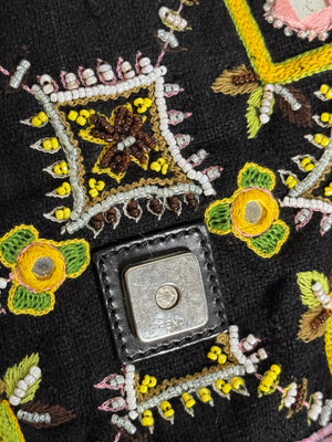 Fendi Baguette 2000 Vintage Beaded Canvas Body Green Brown Trim Fringe Tassel Embroidered Shoulder Bag Brown Limited Edition Leather Accents