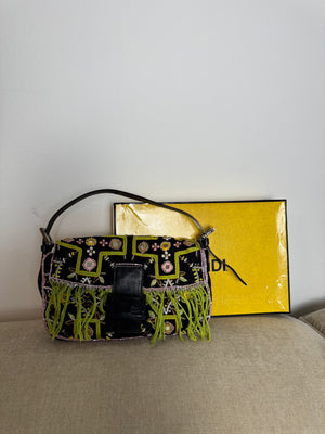 Fendi Baguette 2000 Vintage Beaded Canvas Body Green Brown Trim Fringe Tassel Embroidered Shoulder Bag Brown Limited Edition Leather Accents
