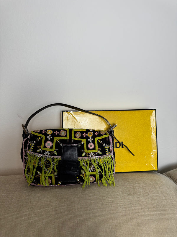 Fendi Baguette 2000 Vintage Beaded Canvas Body Green Brown Trim Fringe Tassel Embroidered Shoulder Bag Brown Limited Edition Leather Accents