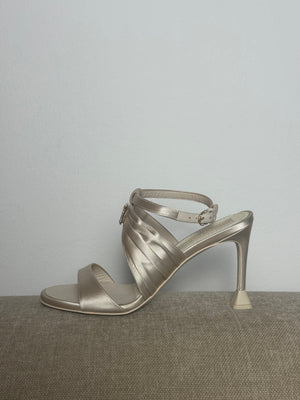 New Chanel 2023 G39654 Grey Logo Strass Heeled Strappy Sandal Satin Heeled Mule Pump Shoes CC coco mark EU 38.5