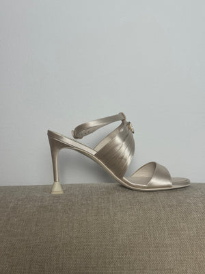 New Chanel 2023 G39654 Grey Logo Strass Heeled Strappy Sandal Satin Heeled Mule Pump Shoes CC coco mark EU 38.5