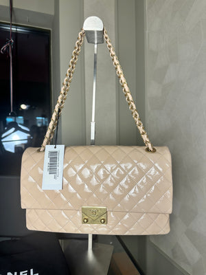 Chanel Patent Leather Beige Rose Quilted Pagoda Accordion Flap Gold Hardware Chain-Link Shoulder Bag 2016/17 Karl Lagerfeld