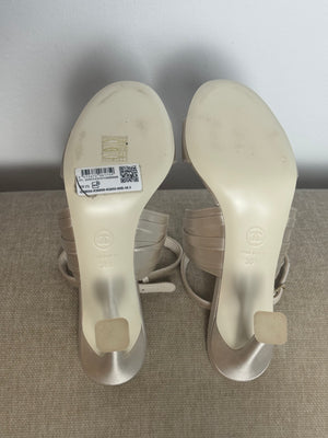 New Chanel 2023 G39654 Grey Logo Strass Heeled Strappy Sandal Satin Heeled Mule Pump Shoes CC coco mark EU 38.5