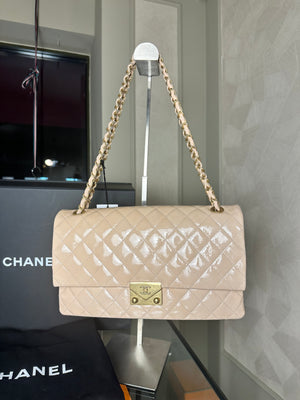 Chanel Patent Leather Beige Rose Quilted Pagoda Accordion Flap Gold Hardware Chain-Link Shoulder Bag 2016/17 Karl Lagerfeld