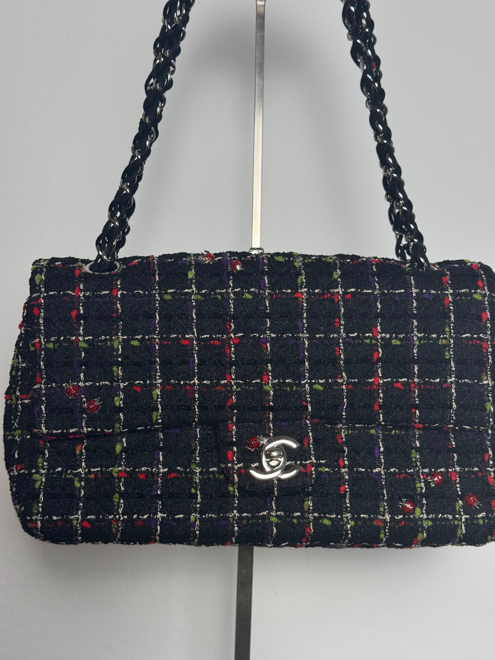 *Price Upon request* Chanel Ladybug Single Flap CC Cocomark Turnlock Spring/Summer 2011 Tweed Red Green Silver Hardware Quilted East West Chic Collectors Piece
