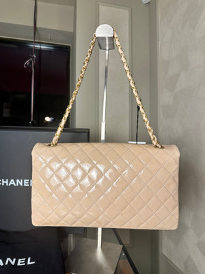 Chanel Patent Leather Beige Rose Quilted Pagoda Accordion Flap Gold Hardware Chain-Link Shoulder Bag 2016/17 Karl Lagerfeld