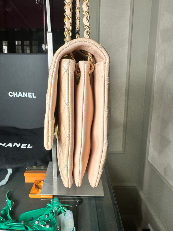 Chanel Patent Leather Beige Rose Quilted Pagoda Accordion Flap Gold Hardware Chain-Link Shoulder Bag 2016/17 Karl Lagerfeld