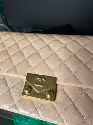 Chanel Patent Leather Beige Rose Quilted Pagoda Accordion Flap Gold Hardware Chain-Link Shoulder Bag 2016/17 Karl Lagerfeld