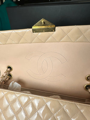 Chanel Patent Leather Beige Rose Quilted Pagoda Accordion Flap Gold Hardware Chain-Link Shoulder Bag 2016/17 Karl Lagerfeld