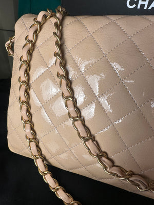 Chanel Patent Leather Beige Rose Quilted Pagoda Accordion Flap Gold Hardware Chain-Link Shoulder Bag 2016/17 Karl Lagerfeld