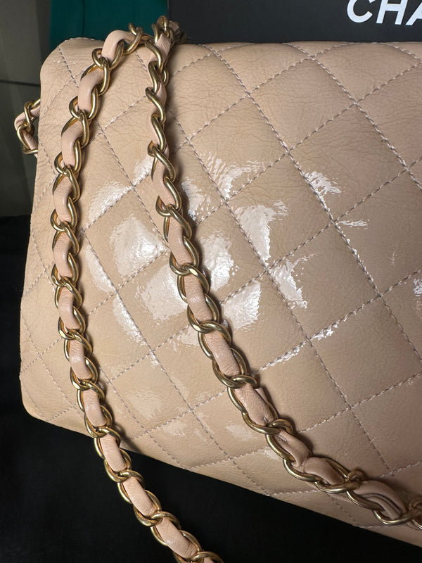 Chanel Patent Leather Beige Rose Quilted Pagoda Accordion Flap Gold Hardware Chain-Link Shoulder Bag 2016/17 Karl Lagerfeld