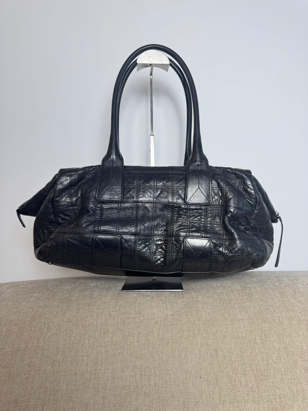 Chanel Vintage Black Chequered Chocolate Bar Lambskin Leather Large Tote Shoulder Bag Spellout Gunmetal hardware