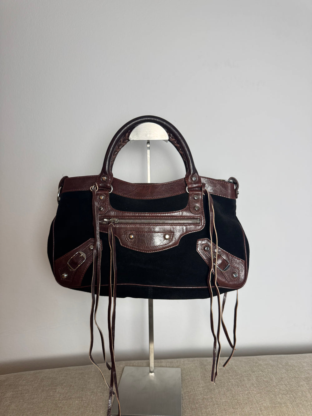 Balenciaga City Bag Le City First Bag Limited Edition Suede Black Brown Patina Leather Trim Shoulder Bag Motorcycle
