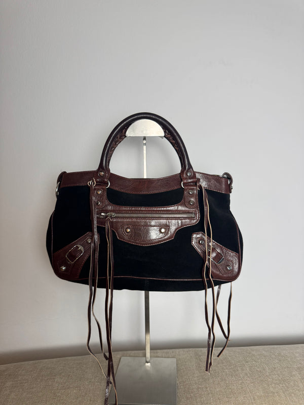Balenciaga City Bag Le City First Bag Limited Edition Suede Black Brown Patina Leather Trim Shoulder Bag Motorcycle