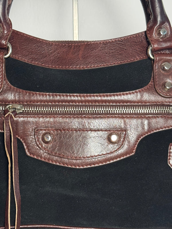 Balenciaga City Bag Le City First Bag Limited Edition Suede Black Brown Patina Leather Trim Shoulder Bag Motorcycle