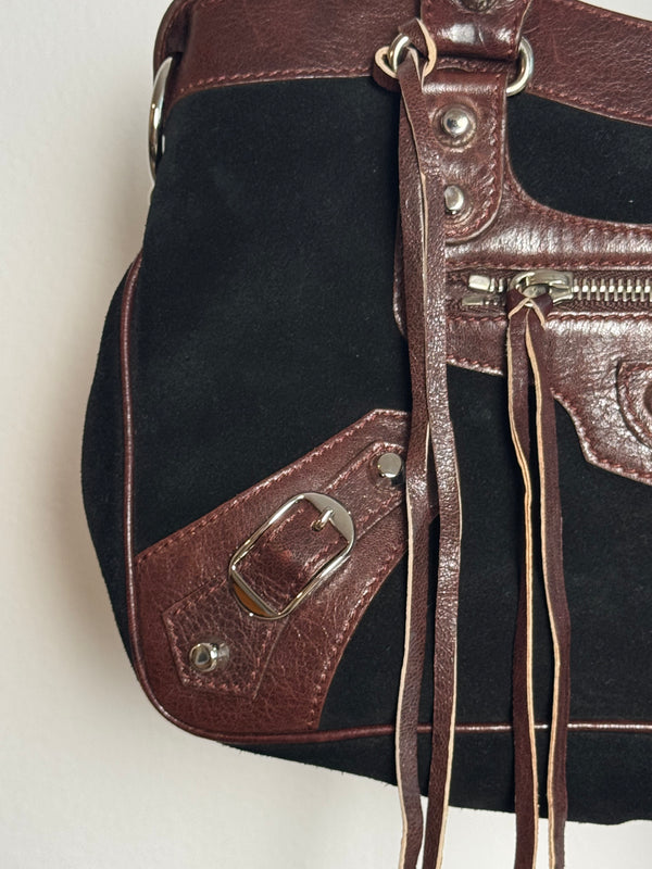 Balenciaga City Bag Le City First Bag Limited Edition Suede Black Brown Patina Leather Trim Shoulder Bag Motorcycle