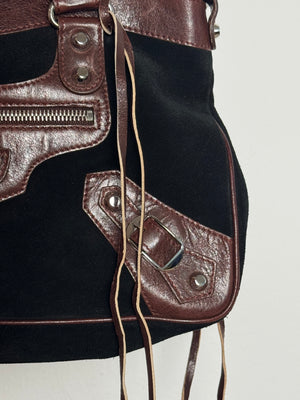 Balenciaga City Bag Le City First Bag Limited Edition Suede Black Brown Patina Leather Trim Shoulder Bag Motorcycle