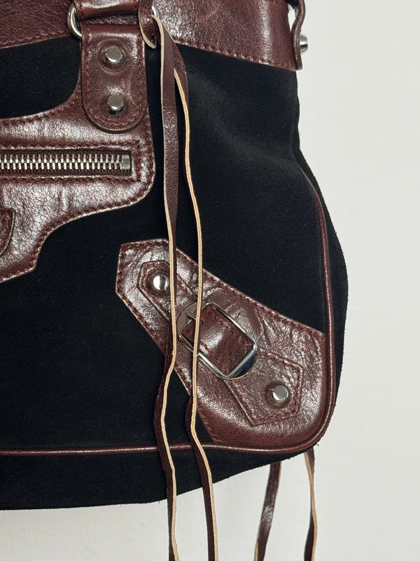Balenciaga City Bag Le City First Bag Limited Edition Suede Black Brown Patina Leather Trim Shoulder Bag Motorcycle