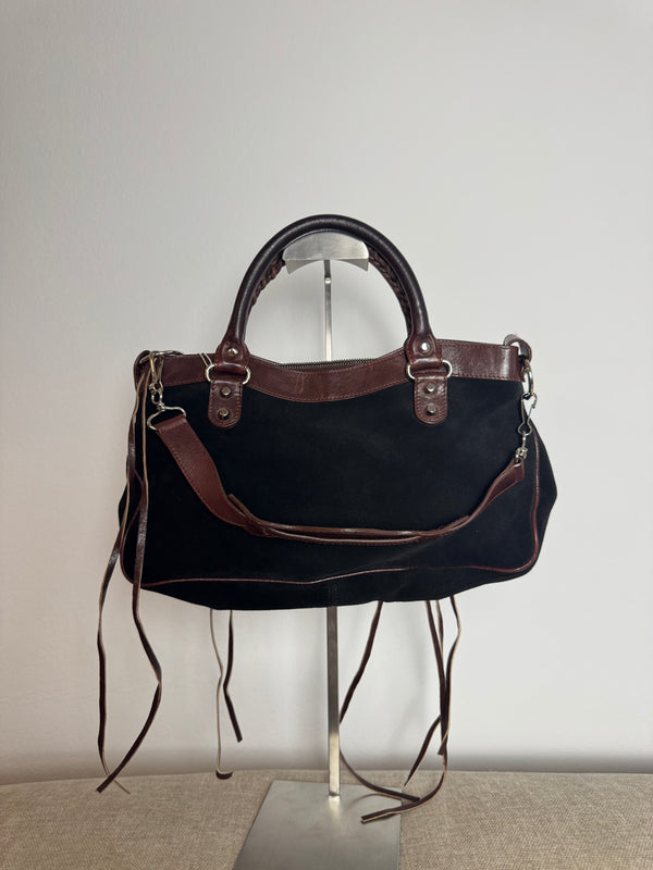 Balenciaga City Bag Le City First Bag Limited Edition Suede Black Brown Patina Leather Trim Shoulder Bag Motorcycle