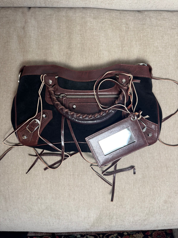 Balenciaga City Bag Le City First Bag Limited Edition Suede Black Brown Patina Leather Trim Shoulder Bag Motorcycle