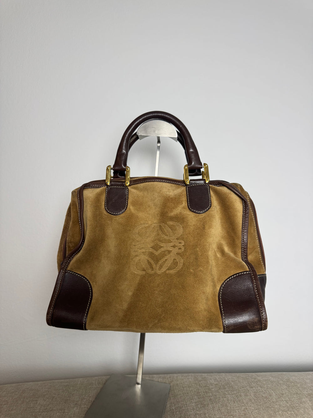 Loewe Vintage Amazona Suede Handbag Anagram Small Leather Trim Tan Brown