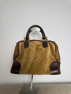 Loewe Vintage Amazona Suede Handbag Anagram Small Leather Trim Tan Brown
