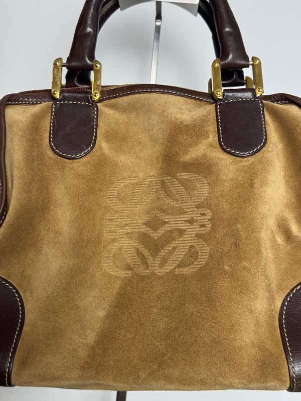 Loewe Vintage Amazona Suede Handbag Anagram Small Leather Trim Tan Brown