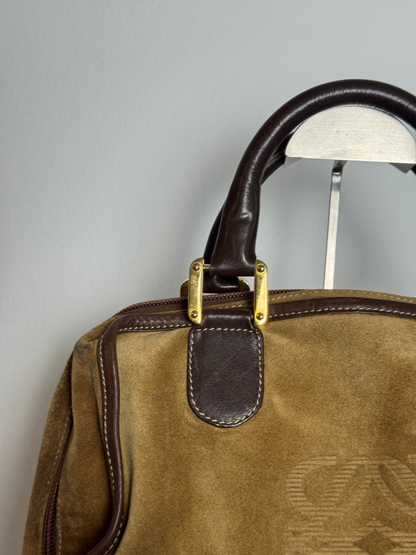 Loewe Vintage Amazona Suede Handbag Anagram Small Leather Trim Tan Brown