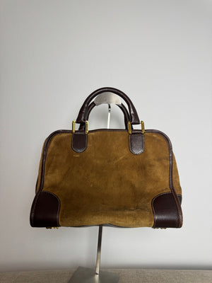 Loewe Vintage Amazona Suede Handbag Anagram Small Leather Trim Tan Brown