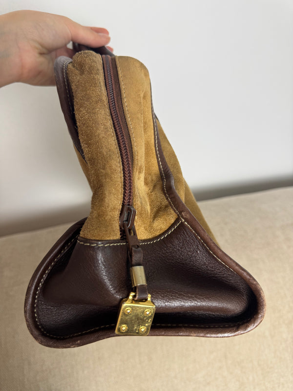Loewe Vintage Amazona Suede Handbag Anagram Small Leather Trim Tan Brown