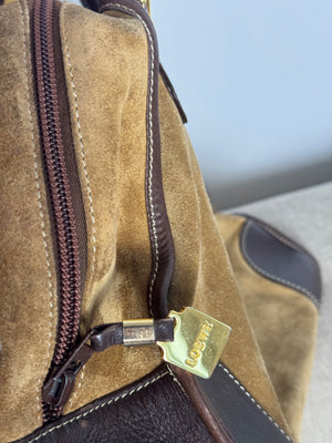 Loewe Vintage Amazona Suede Handbag Anagram Small Leather Trim Tan Brown