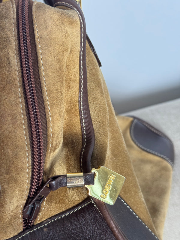 Loewe Vintage Amazona Suede Handbag Anagram Small Leather Trim Tan Brown