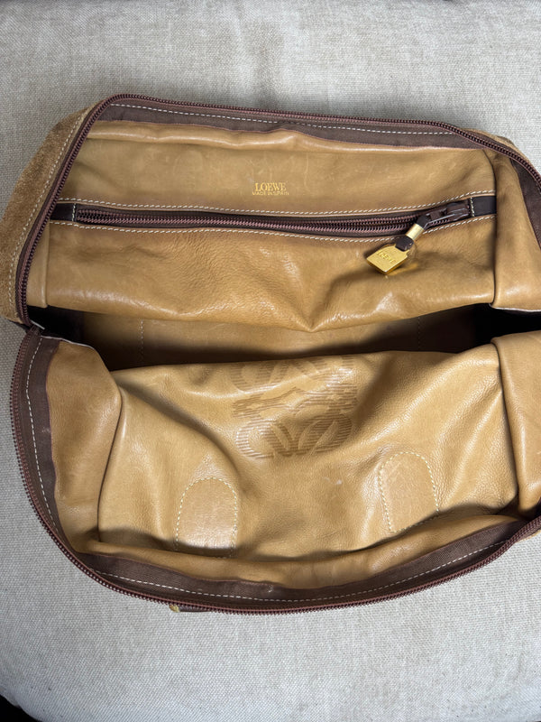 Loewe Vintage Amazona Suede Handbag Anagram Small Leather Trim Tan Brown