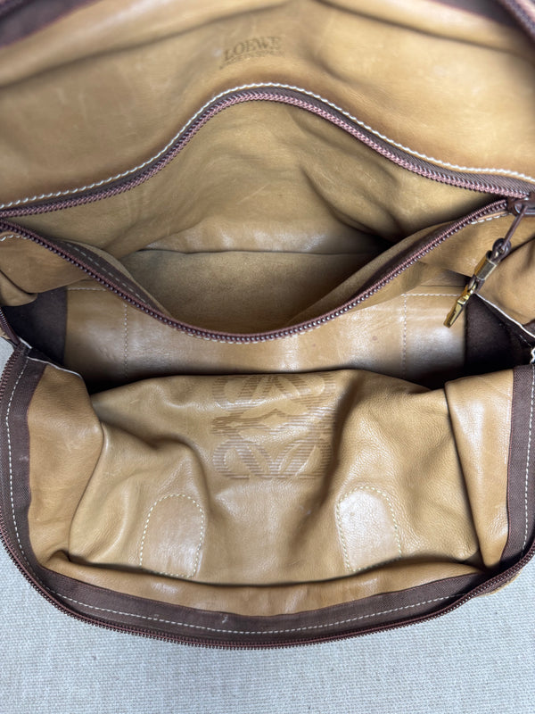 Loewe Vintage Amazona Suede Handbag Anagram Small Leather Trim Tan Brown