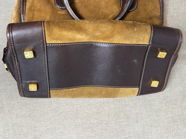Loewe Vintage Amazona Suede Handbag Anagram Small Leather Trim Tan Brown