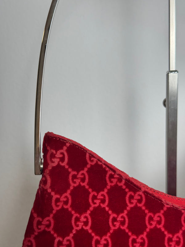 Gucci Tom Ford Vintage F/W 1997 deep red velvet GG embossed Single silver metal handle minimalist 90s shoulder bag
