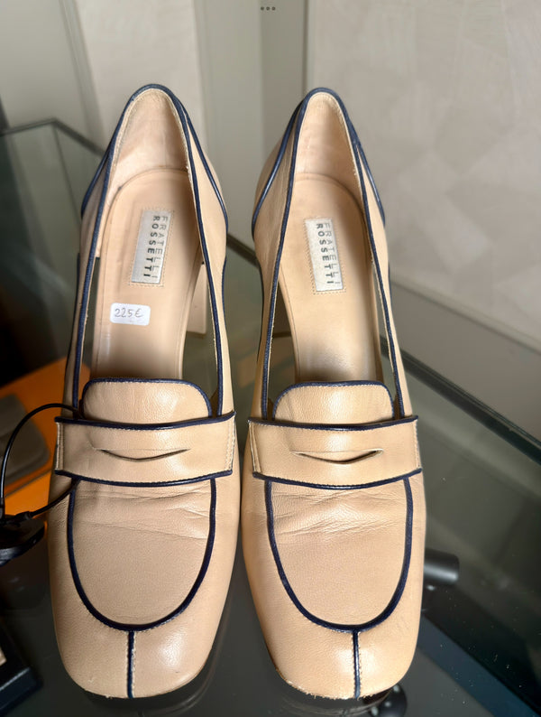 Fratelli Rossetti heeled Loafers contrast stitch beige black block heel round toe EU 39 classic design simple chic