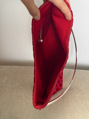 Gucci Tom Ford Vintage F/W 1997 deep red velvet GG embossed Single silver metal handle minimalist 90s shoulder bag