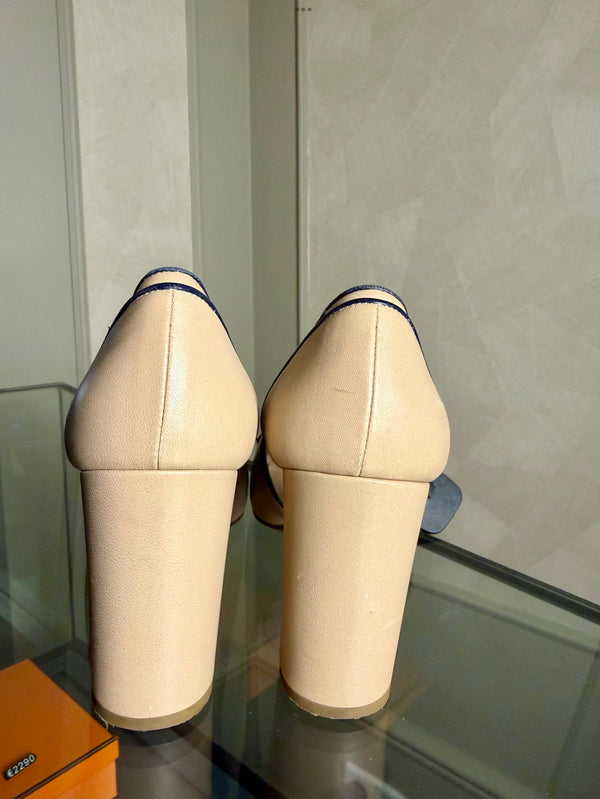 Fratelli Rossetti heeled Loafers contrast stitch beige black block heel round toe EU 39 classic design simple chic