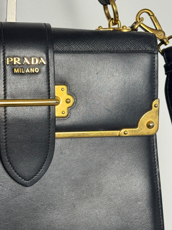 Prada Cahier Convertible Shoulder Bag City Calf and Saffiano Leather Strap Adjustable Flap Closure Buckle 2010s