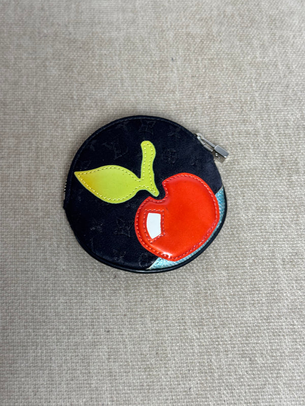 Louis Vuitton 2002 Black Satin Monogram Conte de Fees Apple Round Coin Purse Signature Cherry Appliqué Silver-Tone Hardware