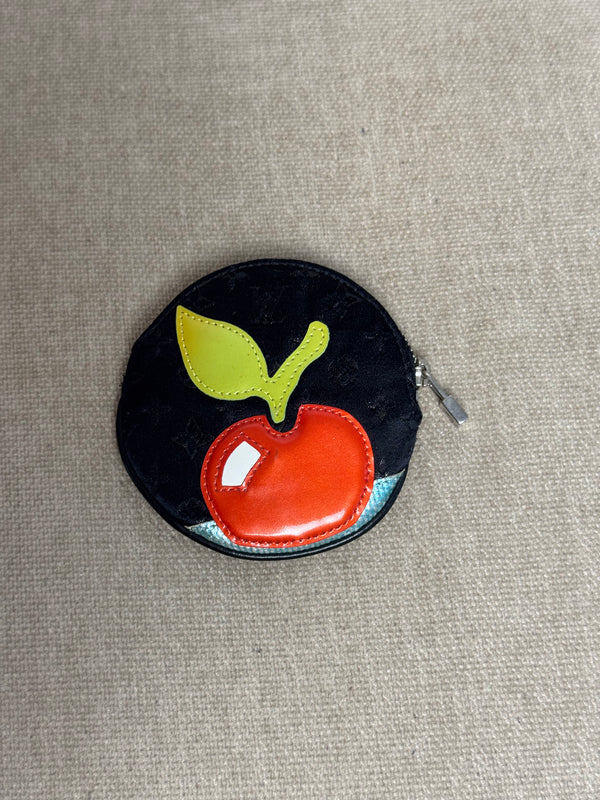 Louis Vuitton 2002 Black Satin Monogram Conte de Fees Apple Round Coin Purse Signature Cherry Appliqué Silver-Tone Hardware