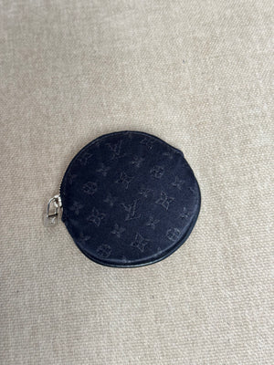 Louis Vuitton 2002 Black Satin Monogram Conte de Fees Apple Round Coin Purse Signature Cherry Appliqué Silver-Tone Hardware
