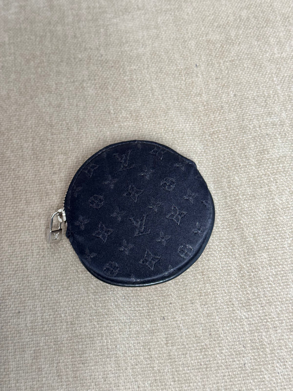 Louis Vuitton 2002 Black Satin Monogram Conte de Fees Apple Round Coin Purse Signature Cherry Appliqué Silver-Tone Hardware