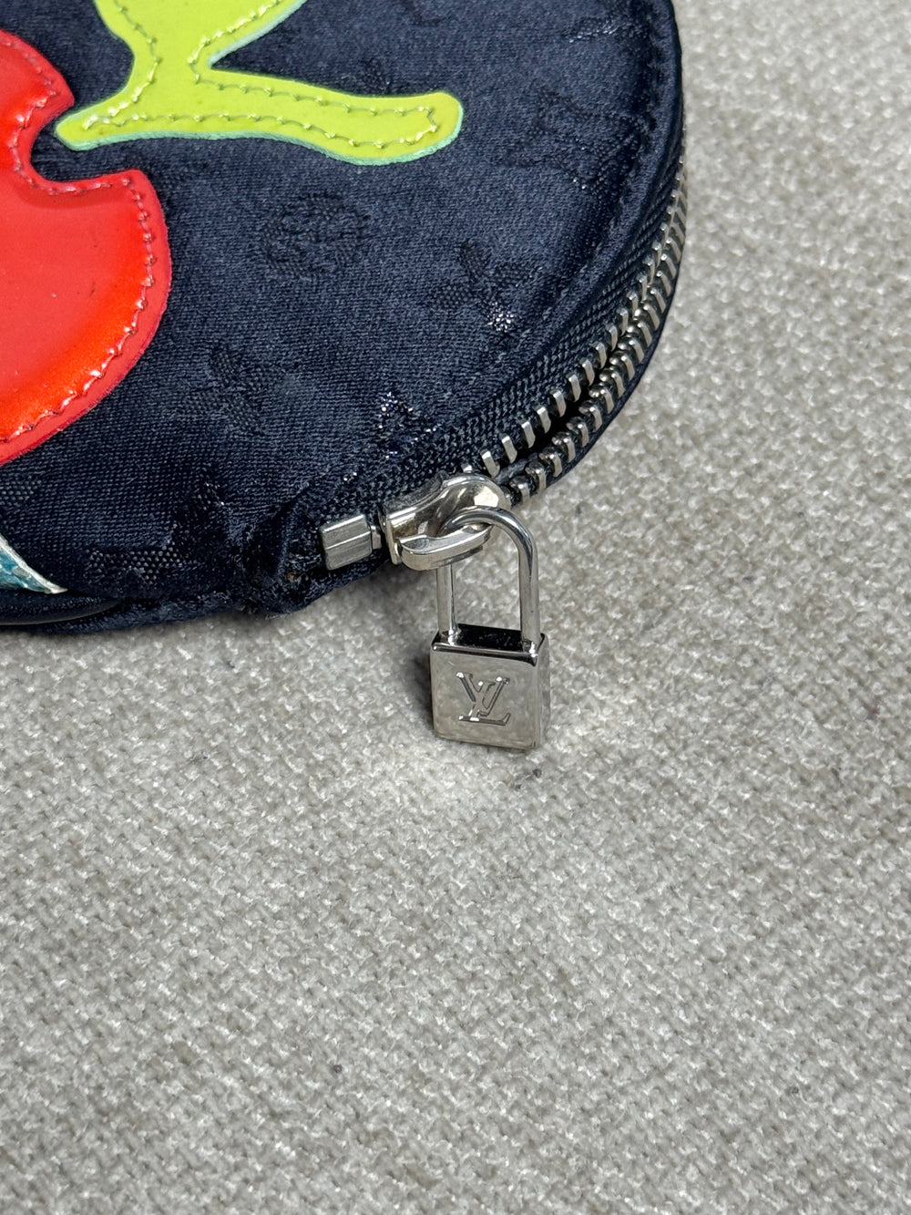 Louis Vuitton 2002 Black Satin Monogram Conte de Fees Apple Round Coin Purse Signature Cherry Appliqué Silver-Tone Hardware