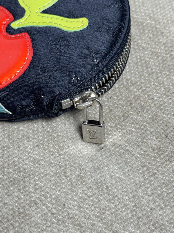 Louis Vuitton 2002 Black Satin Monogram Conte de Fees Apple Round Coin Purse Signature Cherry Appliqué Silver-Tone Hardware