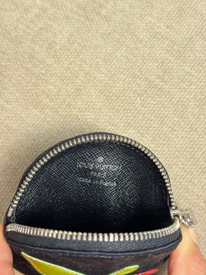 Louis Vuitton 2002 Black Satin Monogram Conte de Fees Apple Round Coin Purse Signature Cherry Appliqué Silver-Tone Hardware