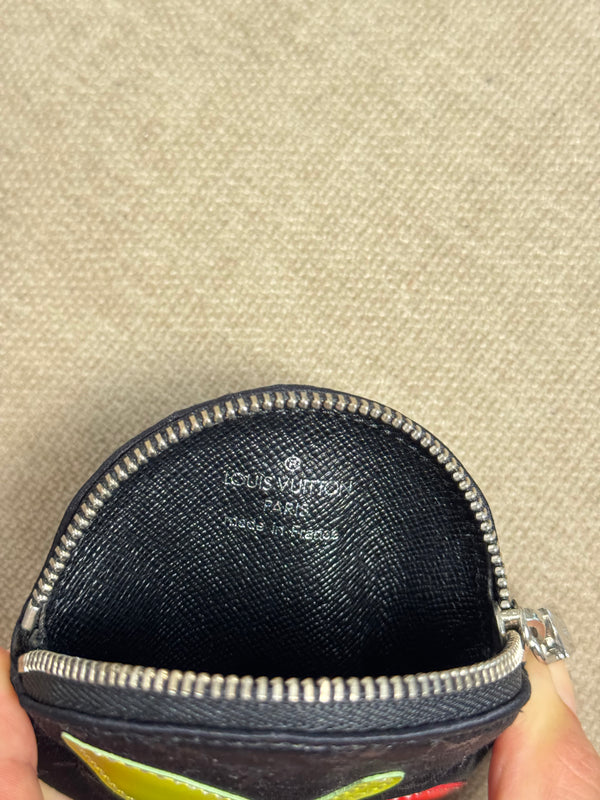 Louis Vuitton 2002 Black Satin Monogram Conte de Fees Apple Round Coin Purse Signature Cherry Appliqué Silver-Tone Hardware