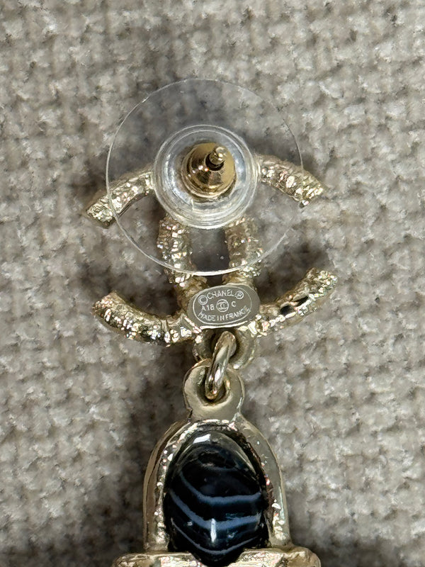 Chanel Silver CC textured logo Abstract Shape Coco Mark Iconic Vintage Dangle Charm Statement Piece Earring Set Black