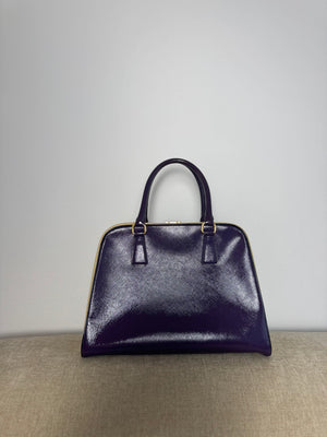 Prada Purple Cream Saffiano Vernic Leather Pyramid Frame Satchel Handbag Large Metal Gold Top Handle Closure 2010s
